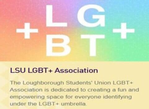 Logo of the Loughborough Student Union LGBT+ group.  A multicoloured background with LGBT text in white.